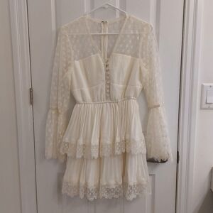 Cream Chiffon Lace Tiered Mini Dress